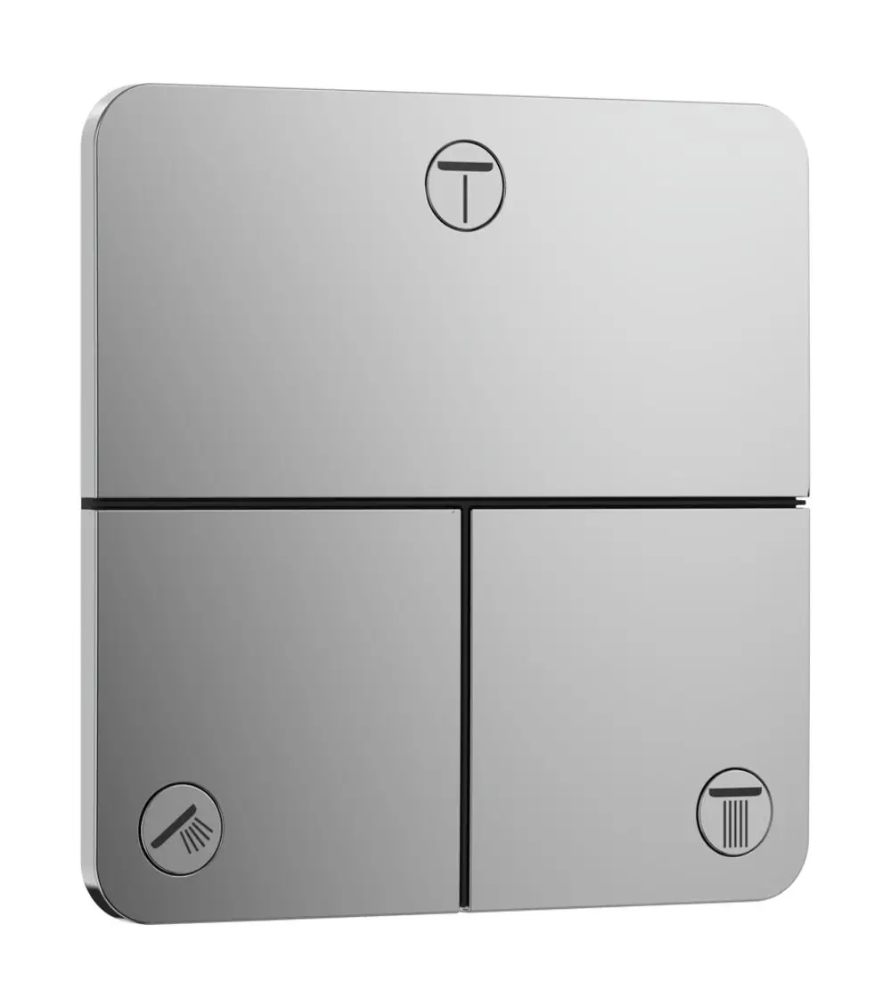 Chromfarbener Wandschalter mit vier Tasten zur Steuerung von drei Verbrauchern, hergestellt von Hansgrohe. Klare Symbole zur Funktionserkennung.